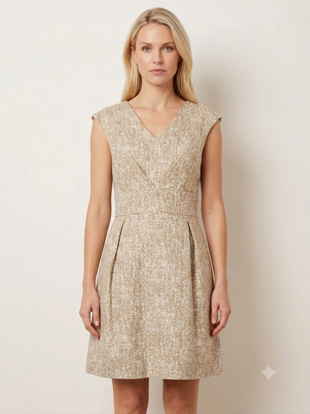 MICHAEL KORS COLLECTION Linen A-Line Dress 6 Beige Tan V-Neck Cap Sleeve Italy